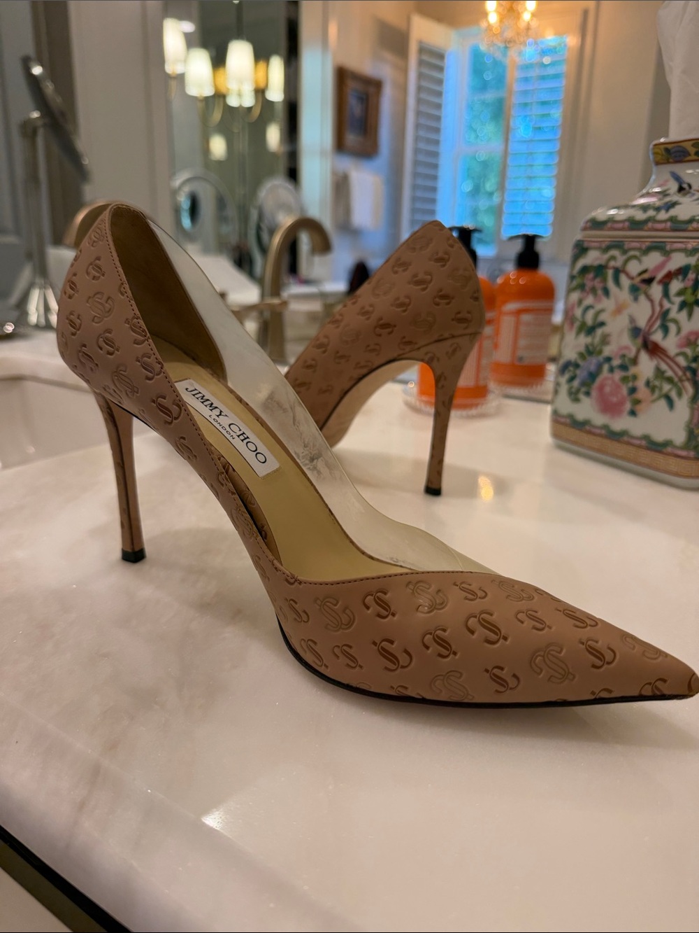 Jimmy Choo Tan Logo-Embossed Pointed Toe Stiletto Pumps